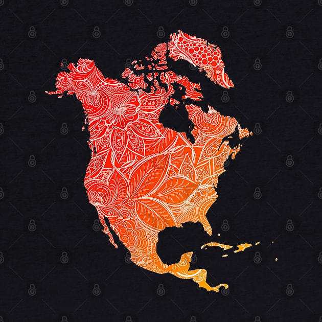 Colorful mandala art map of North America with text in red and orange by Happy Citizen